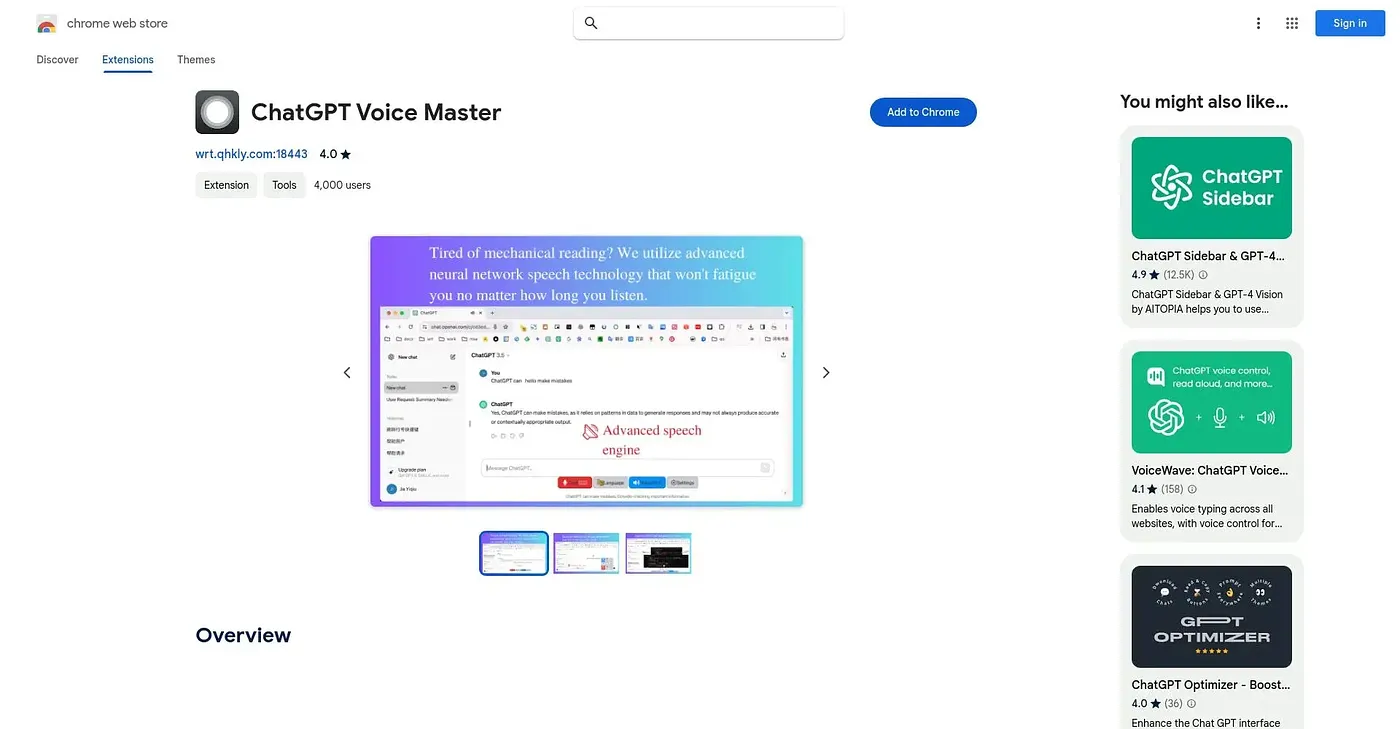 Screenshot of Voice Master For ChatGPT, Chrome Extension