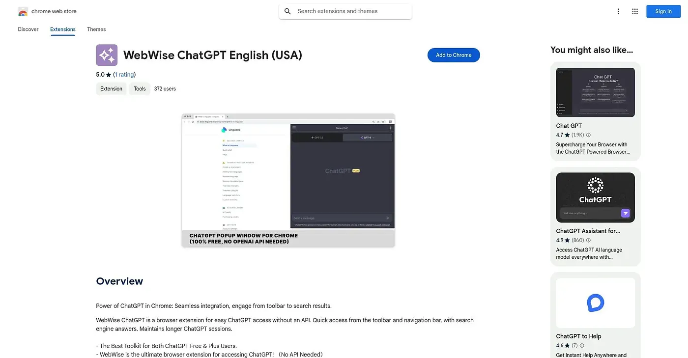 Screenshot of WebWise ChatGPT English U Chrome Extension