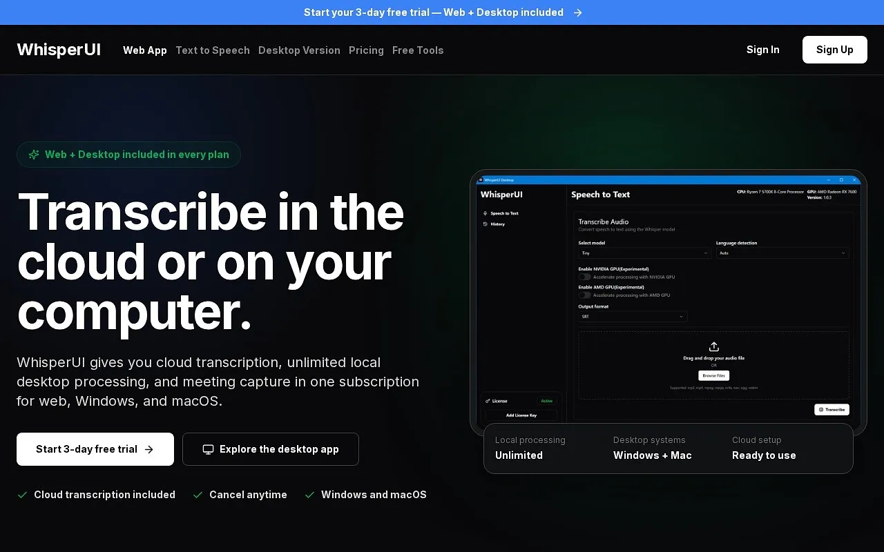 Screenshot of Whisper UI