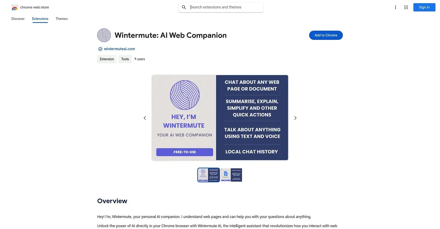 Screenshot of Wintermute AI Companion, Chrome Extension