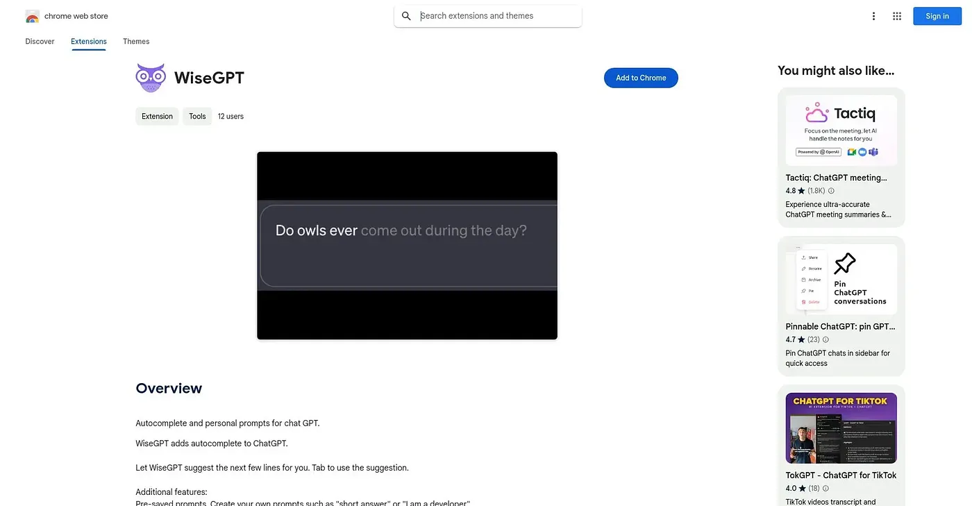 Screenshot of WiseGPT Chrome Extension