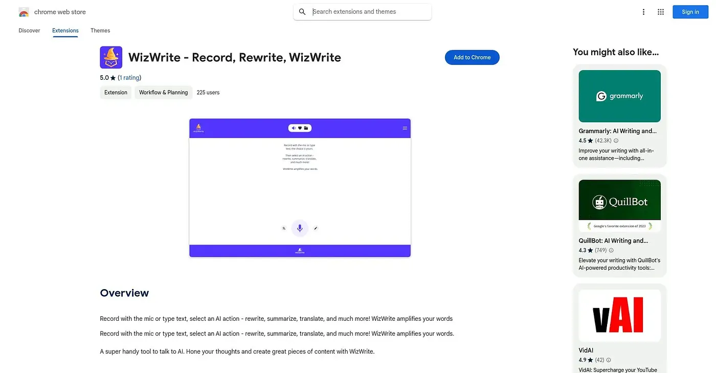 Screenshot of WizWrite Chrome Extension