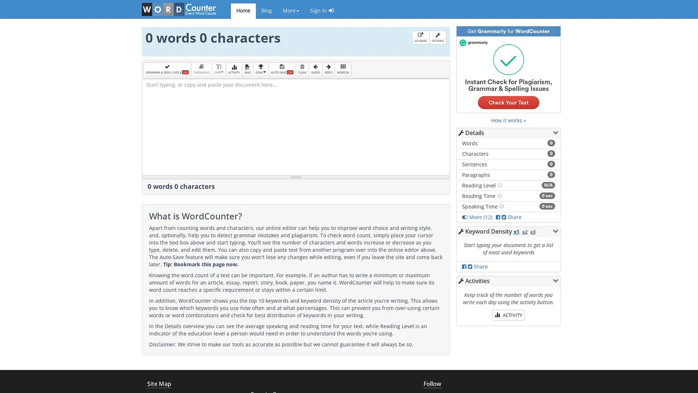 Screenshot of WordCounter.net