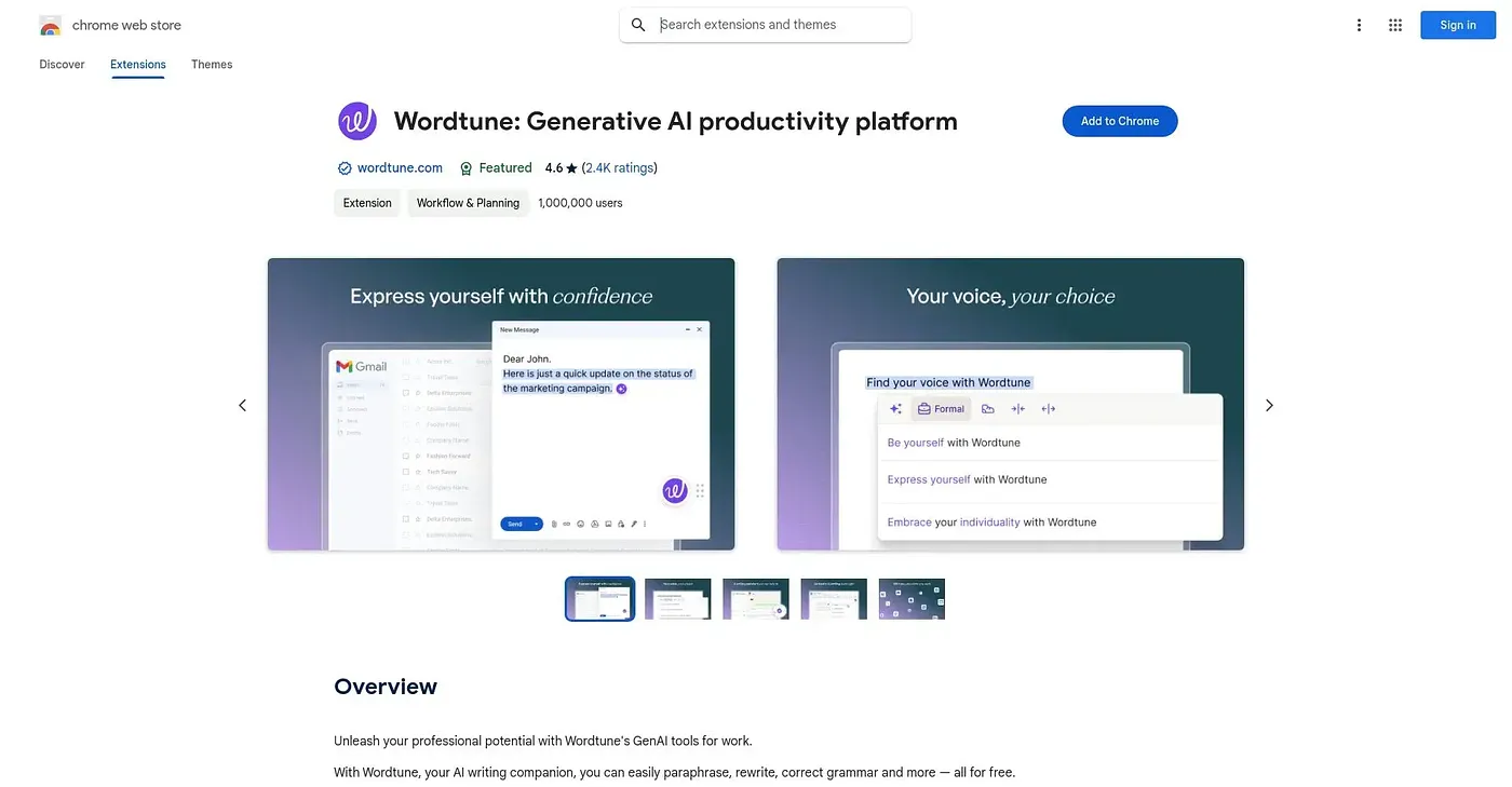 Screenshot of Wordtune Generative AI Chrome Extension