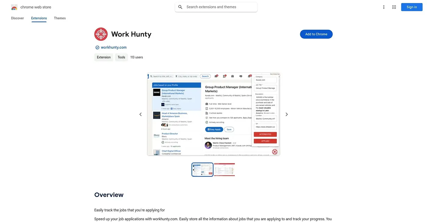 Screenshot of Work Hunty Chrome Extension