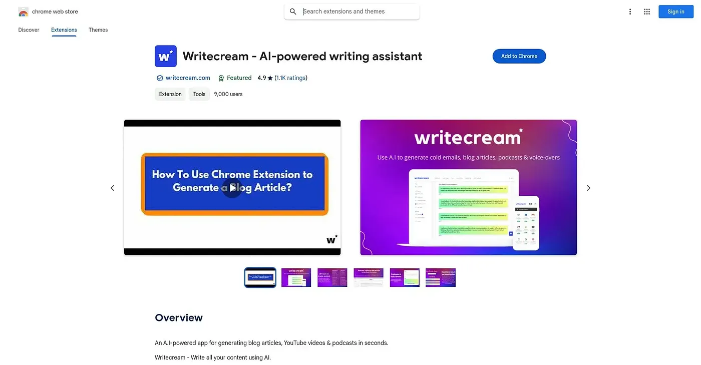 Screenshot of Writecream AI Powered Writer Chrome Extension