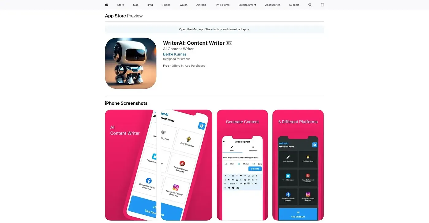 Screenshot of WriterAI Content Writer