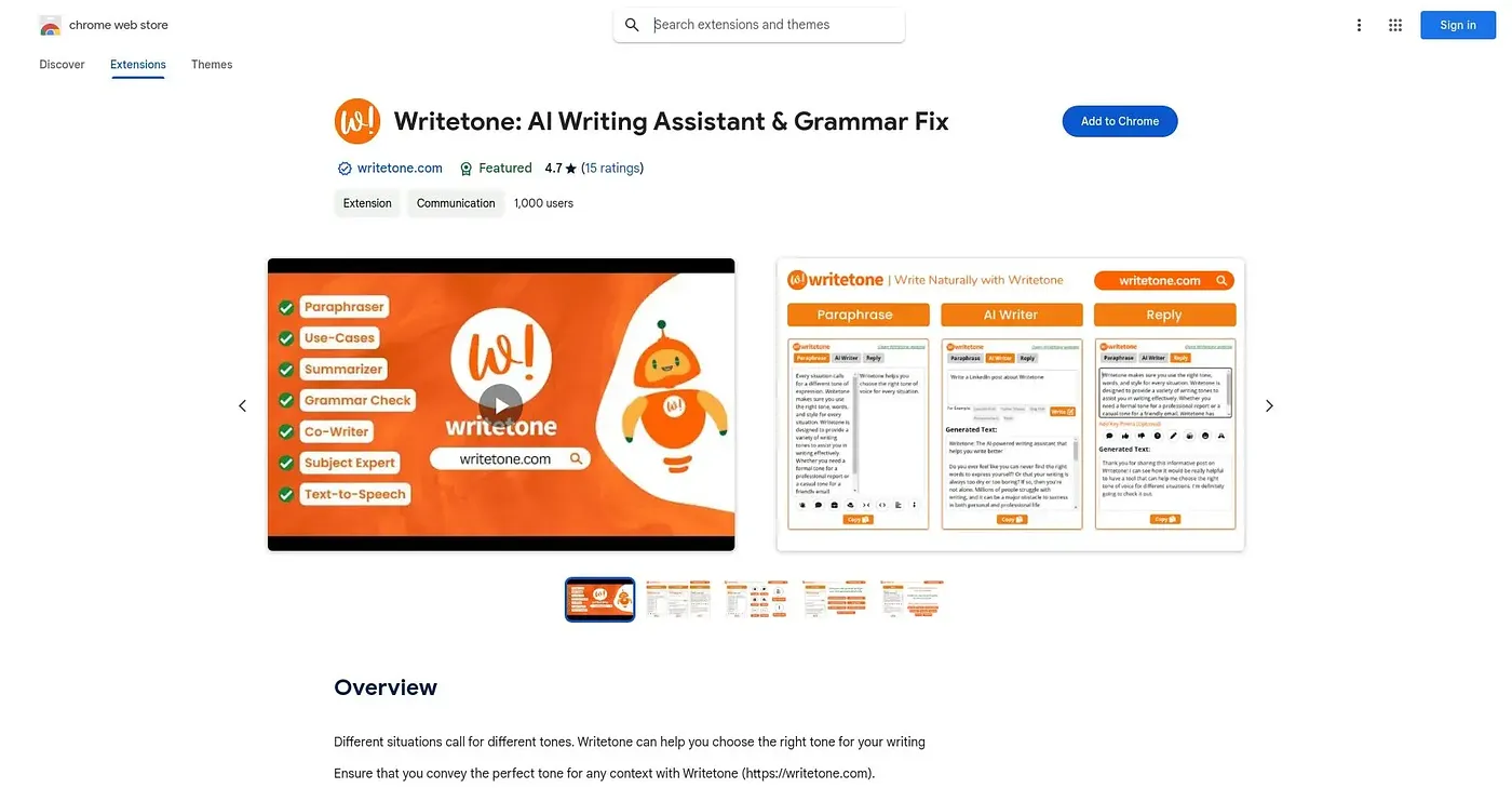 Screenshot of Writetone AI Writing Assistant Extension