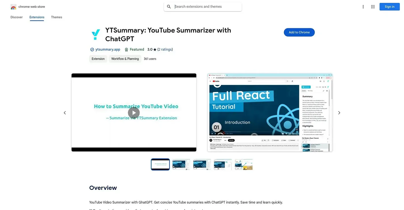 Screenshot of YTSummary - Chrome Extension