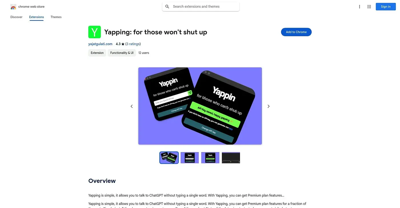 Screenshot of Yapping Chrome Extension
