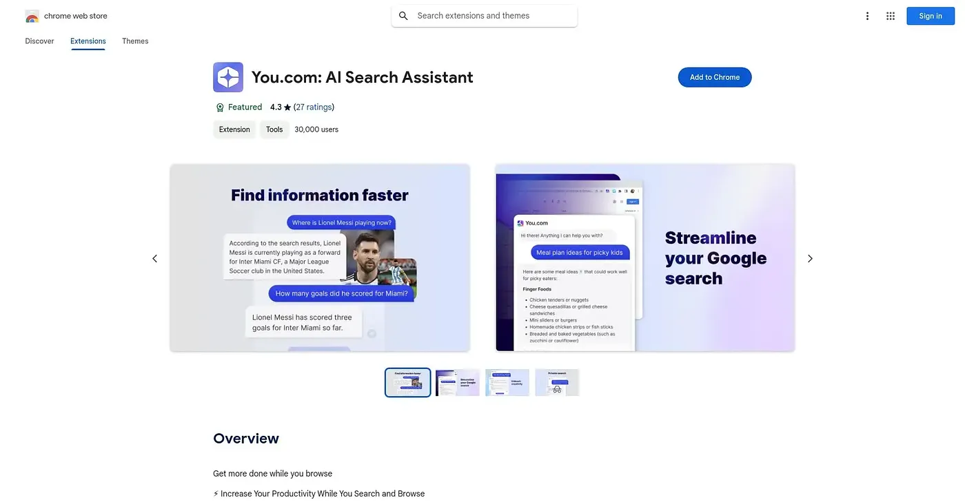 Screenshot of You.com AI Search Assistant Chrome Extension