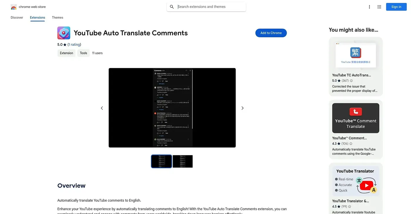 Screenshot of YouTube Auto Translate Comments Chrome Extension