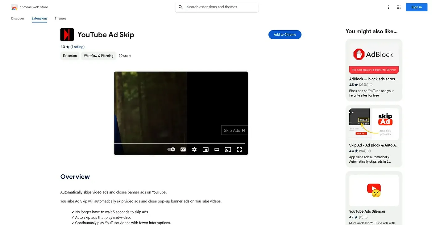 Screenshot of Youtube Ad Skip Chrome Extension