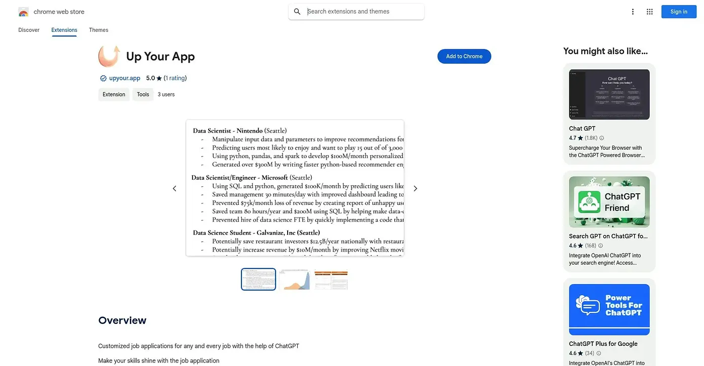 Screenshot of Up Your App Chrome Extension