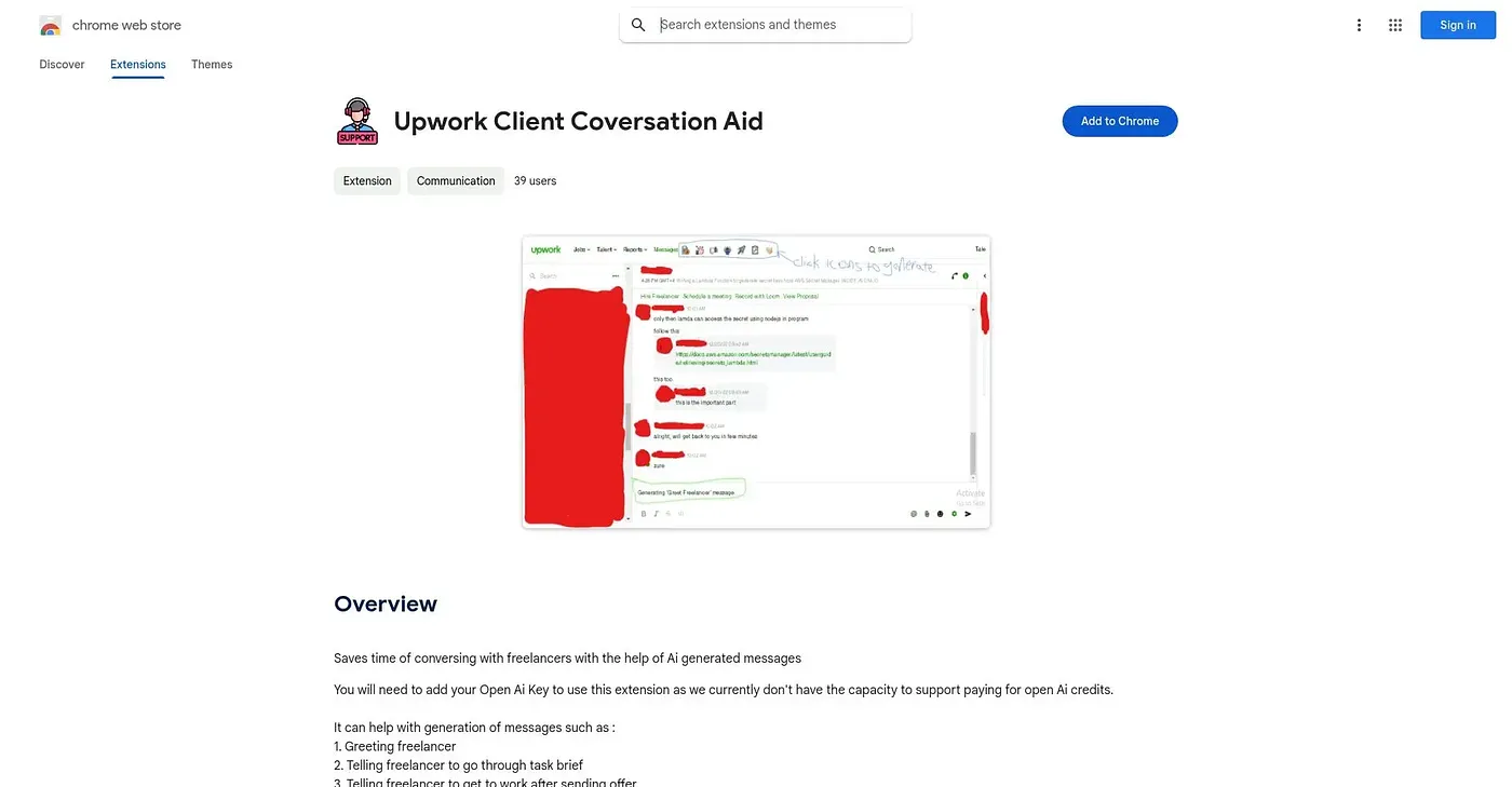 Screenshot of Upwork Client Coversation Chrome Extension