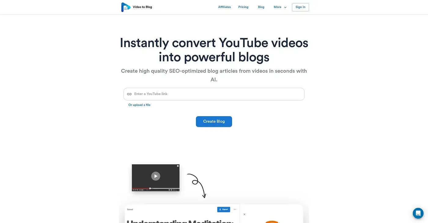 Screenshot of Video To Blog AI