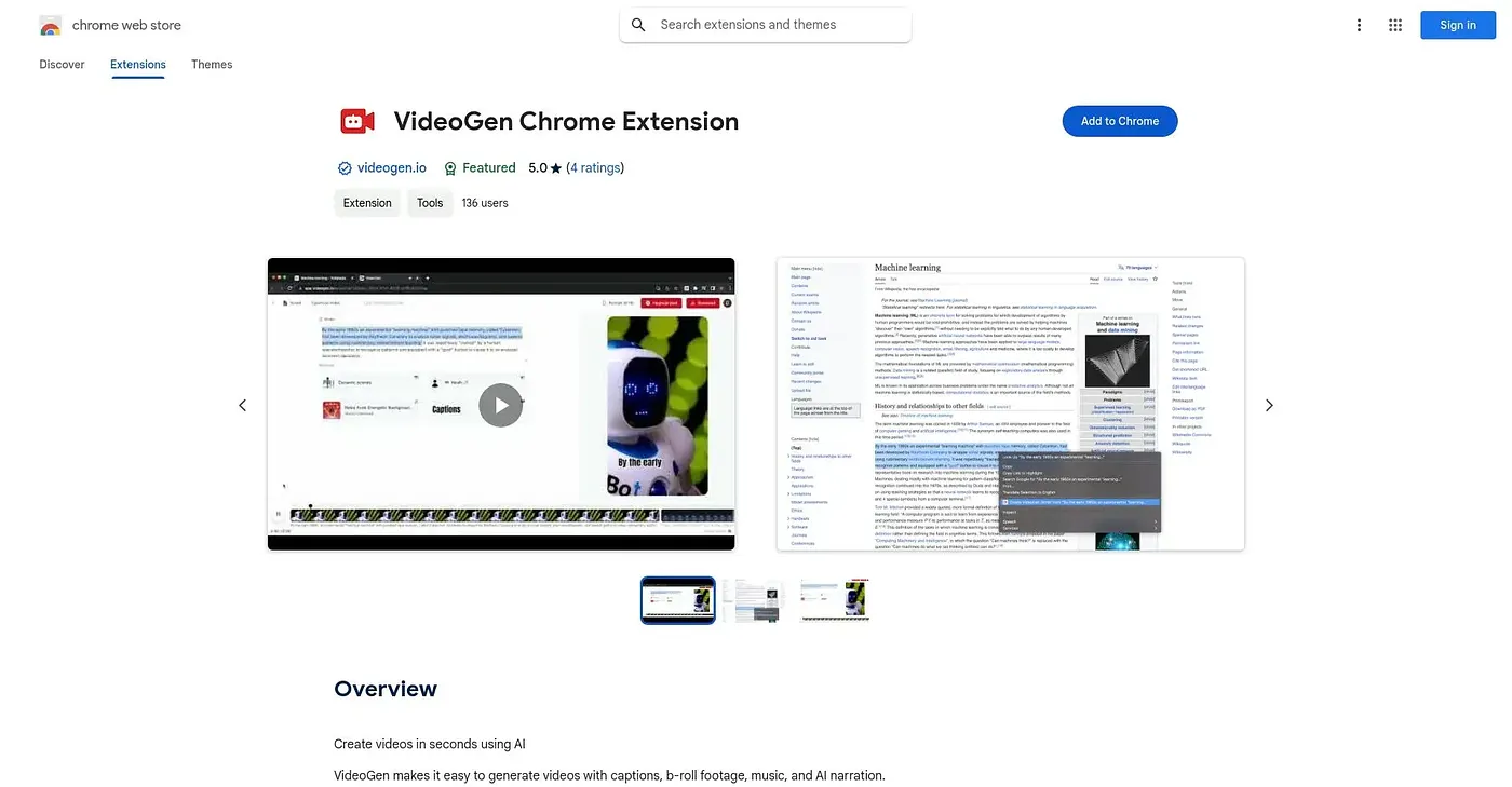 Screenshot of Videogen Chrome Extension