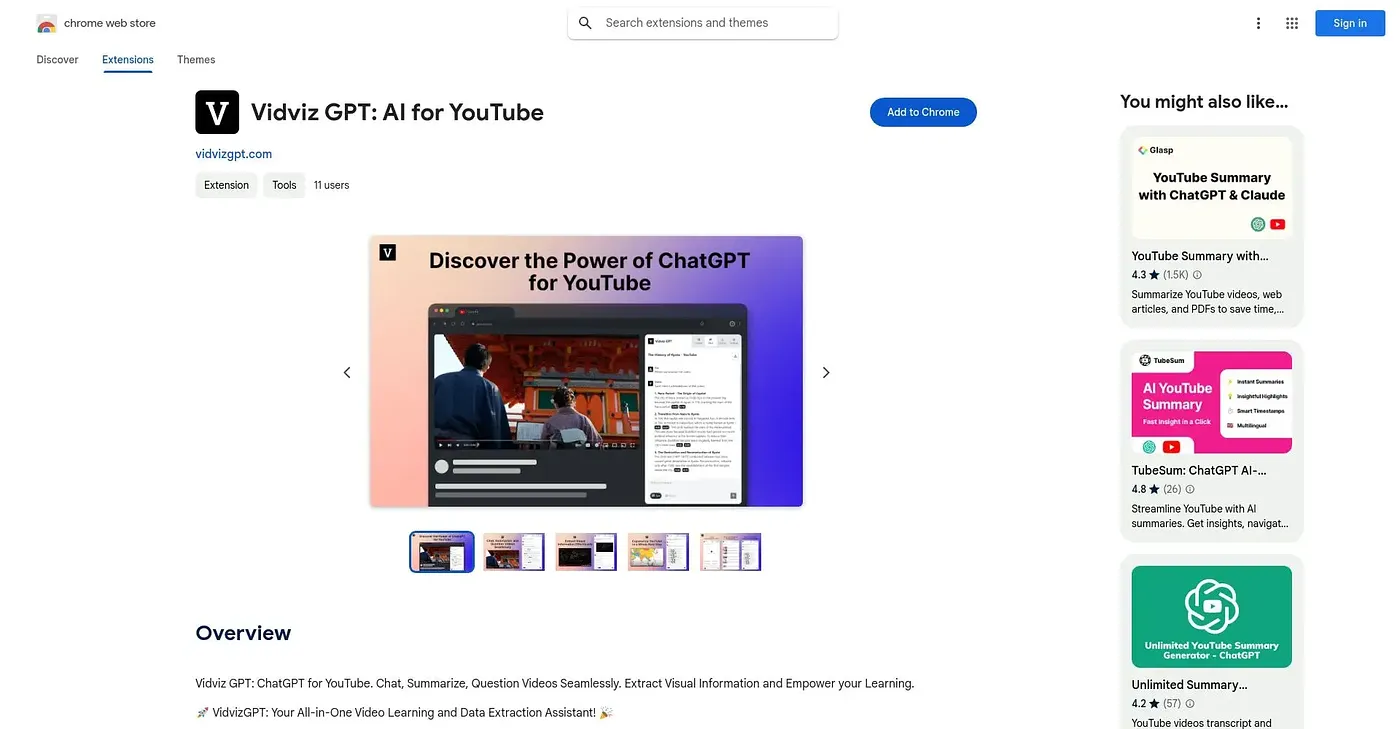 Screenshot of Vidviz GPT: ChatGPT for YouTube Chrome Extension