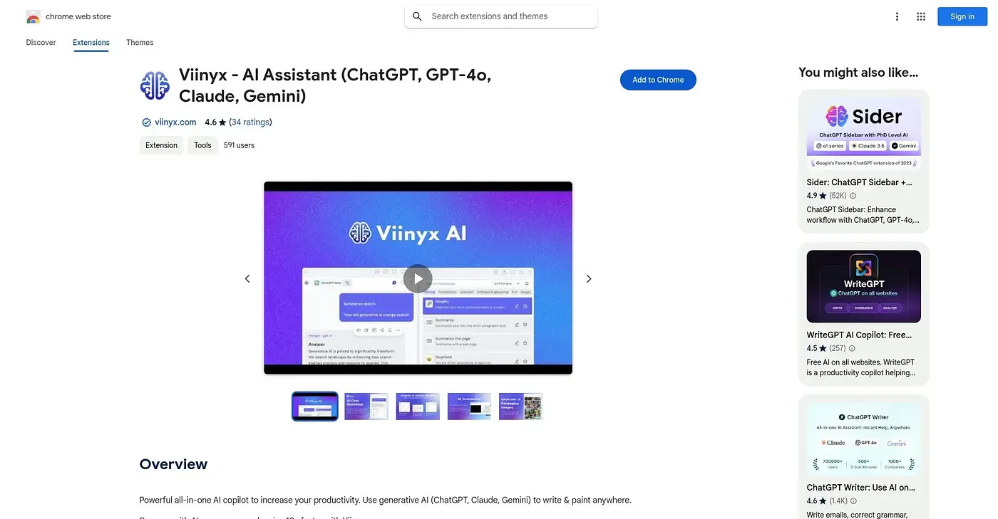 Screenshot of Viinyx AI Companion Chrome Extension