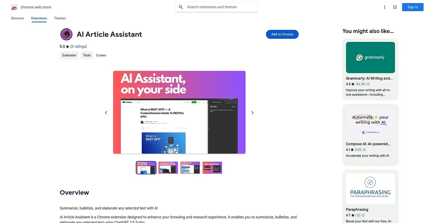 Screenshot of AI Article Assistant - Chrome Extension