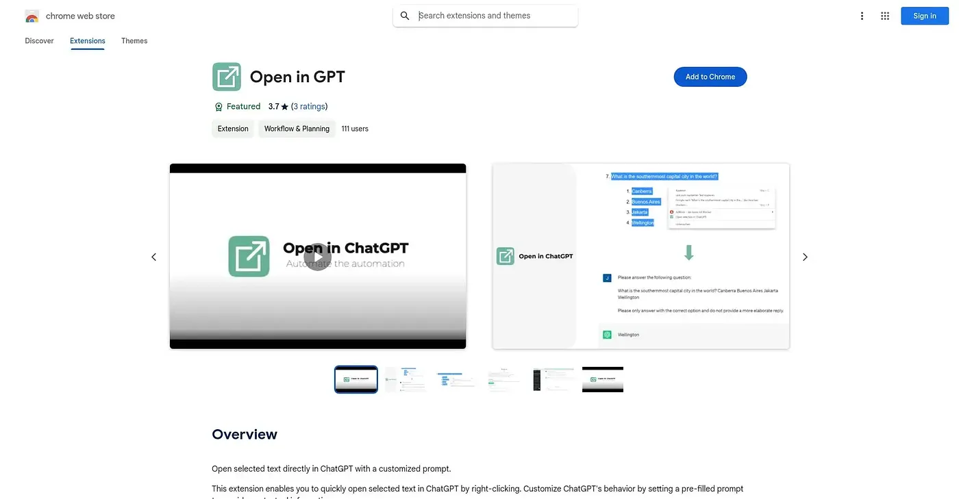 Screenshot of Open In ChatGPT Chrome Extension