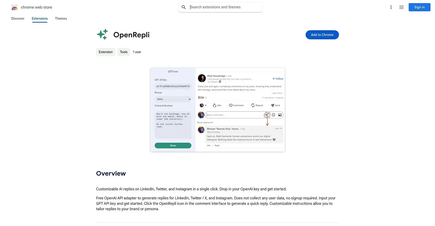 Screenshot of OpenRepli Chrome Extension
