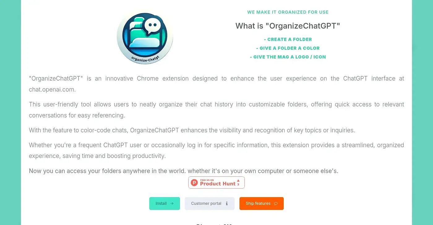 Screenshot of Organize ChatGPT Chrome Extension