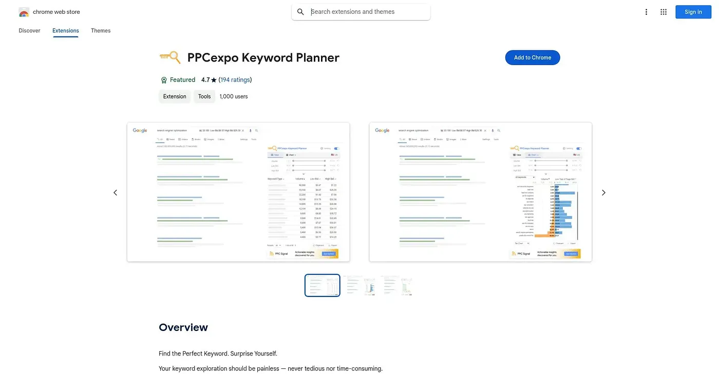 Screenshot of PPCEXPO KEYWORD PLANNER Chrome Extension