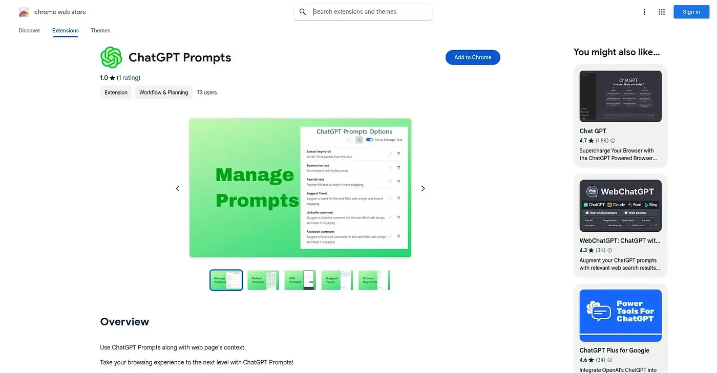 Screenshot of PagePrompts Chrome Extension