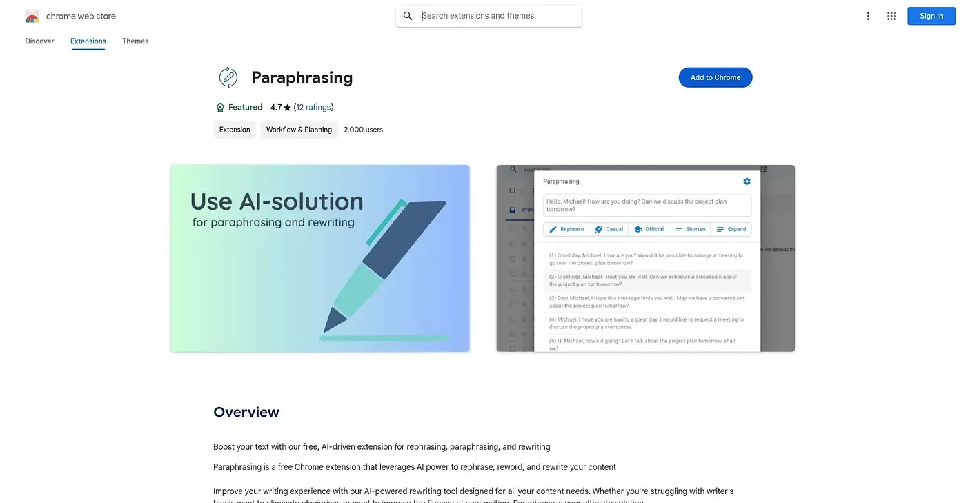 Screenshot of Paraphrasing Chrome Extension