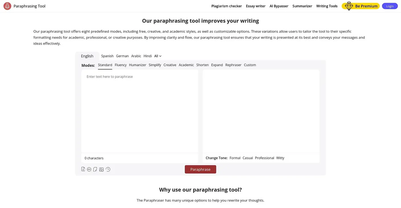 Screenshot of Paraphrasing Tool AI