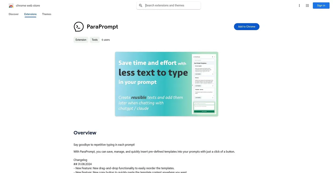 Screenshot of Paraprompt Chrome Extension
