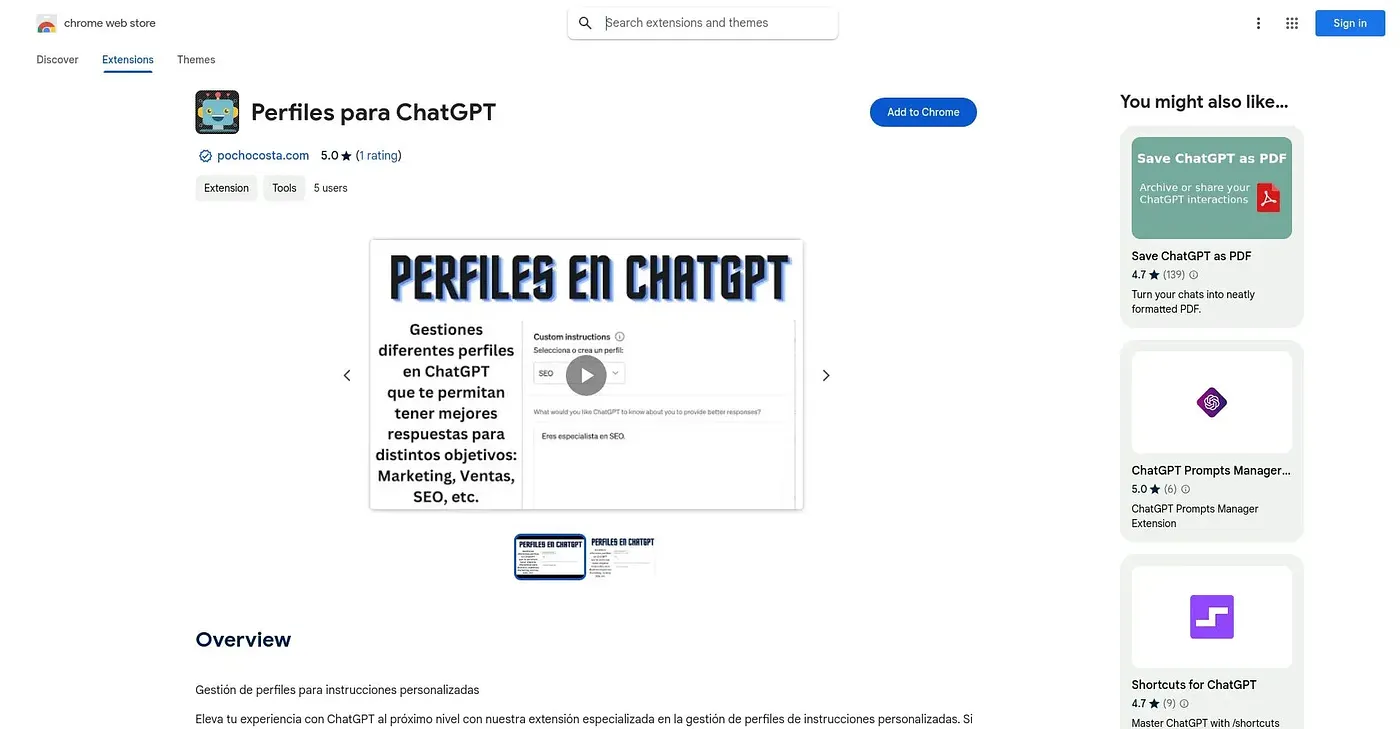 Screenshot of Perfiles Para ChatGPT Chrome Extension