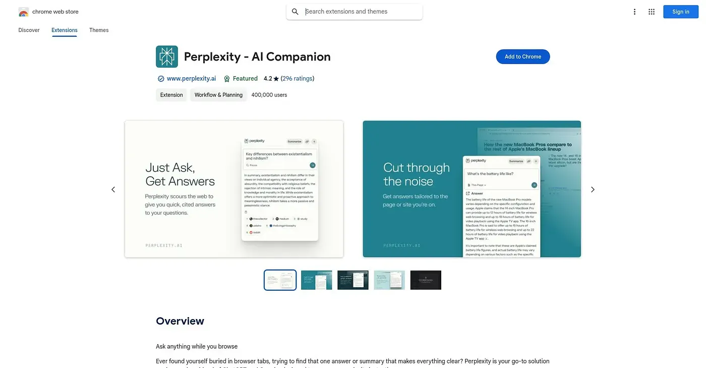Screenshot of Perplexity AI Companion Chrome Extension