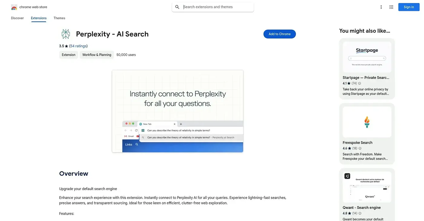 Screenshot of Perplexity AI Search Chrome Extension