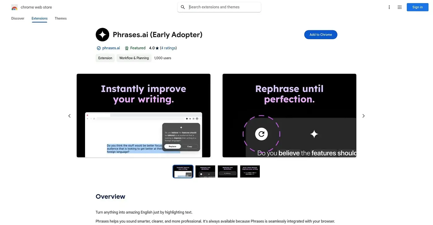 Screenshot of PhrasesAI Chrome Extension