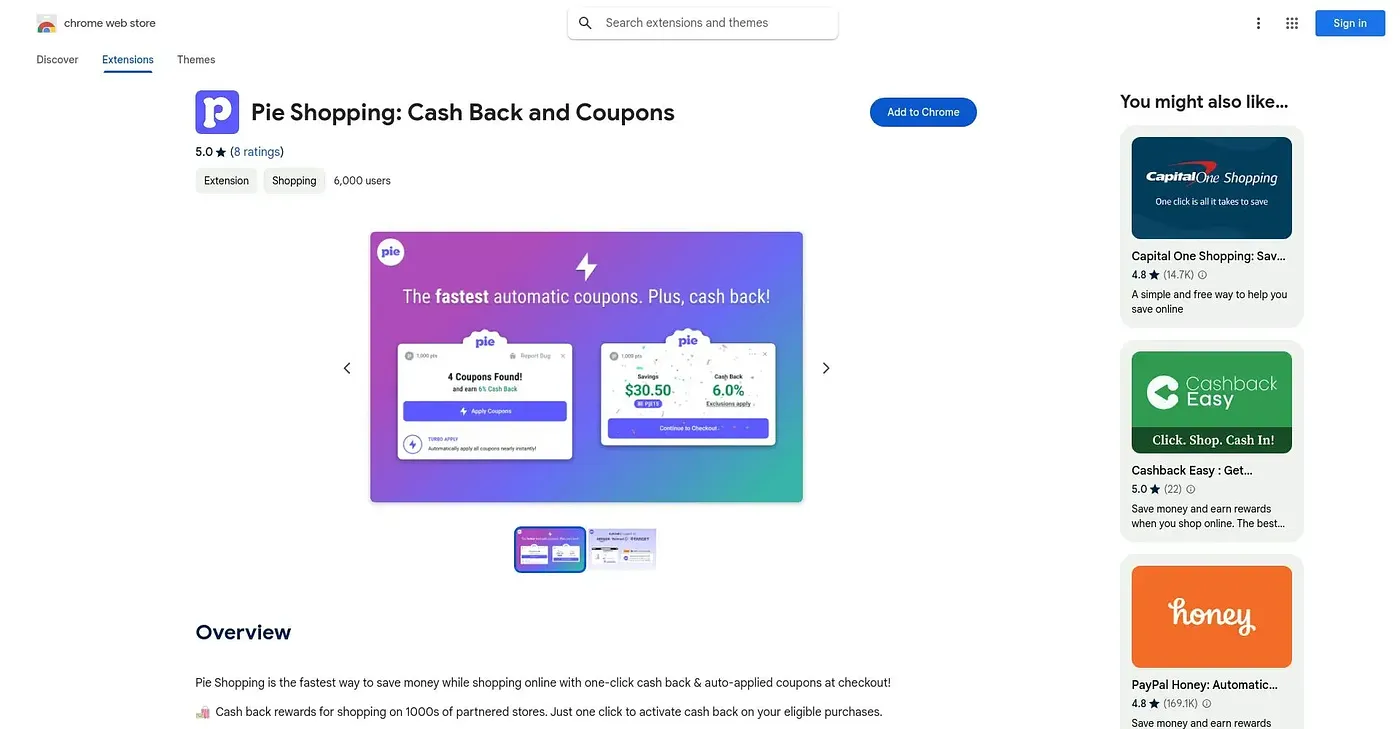 Screenshot of Pie Shopping Chrome Extension