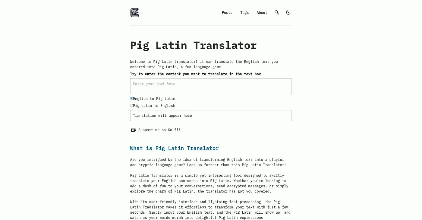 Screenshot of Pig Latin Translator