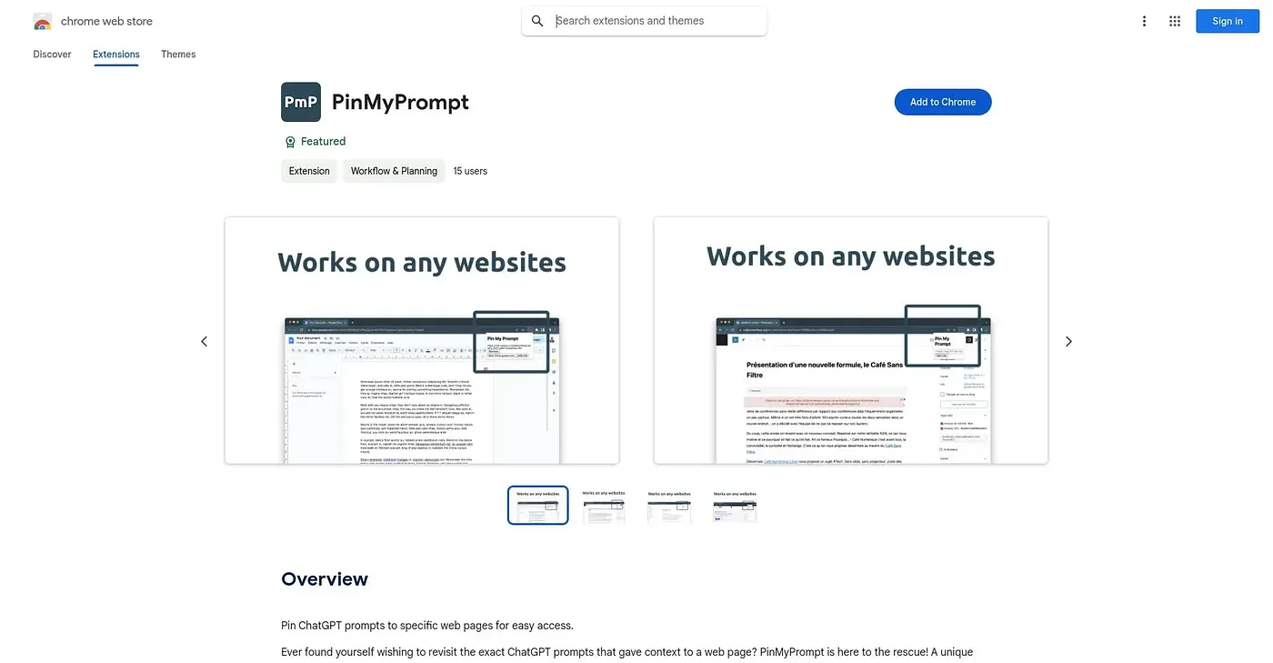 Screenshot of Pin My Prompt Chrome Extension