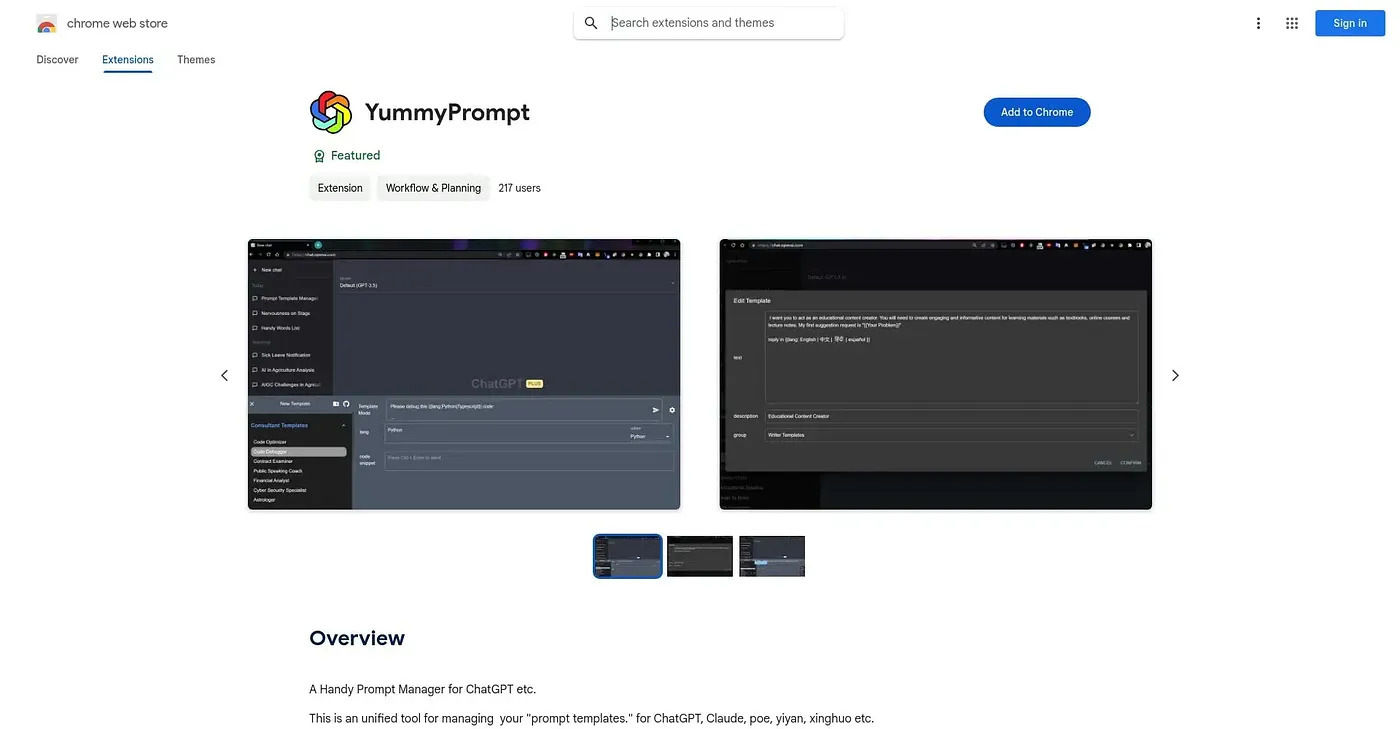 Screenshot of YummyPrompt Chrome Extension