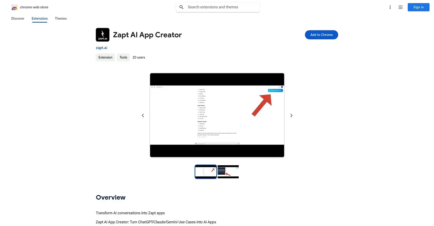 Screenshot of Zapt AI App Creator Chrome Extension