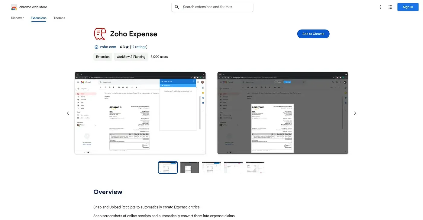 Screenshot of Zoho Expense Chrome Extension