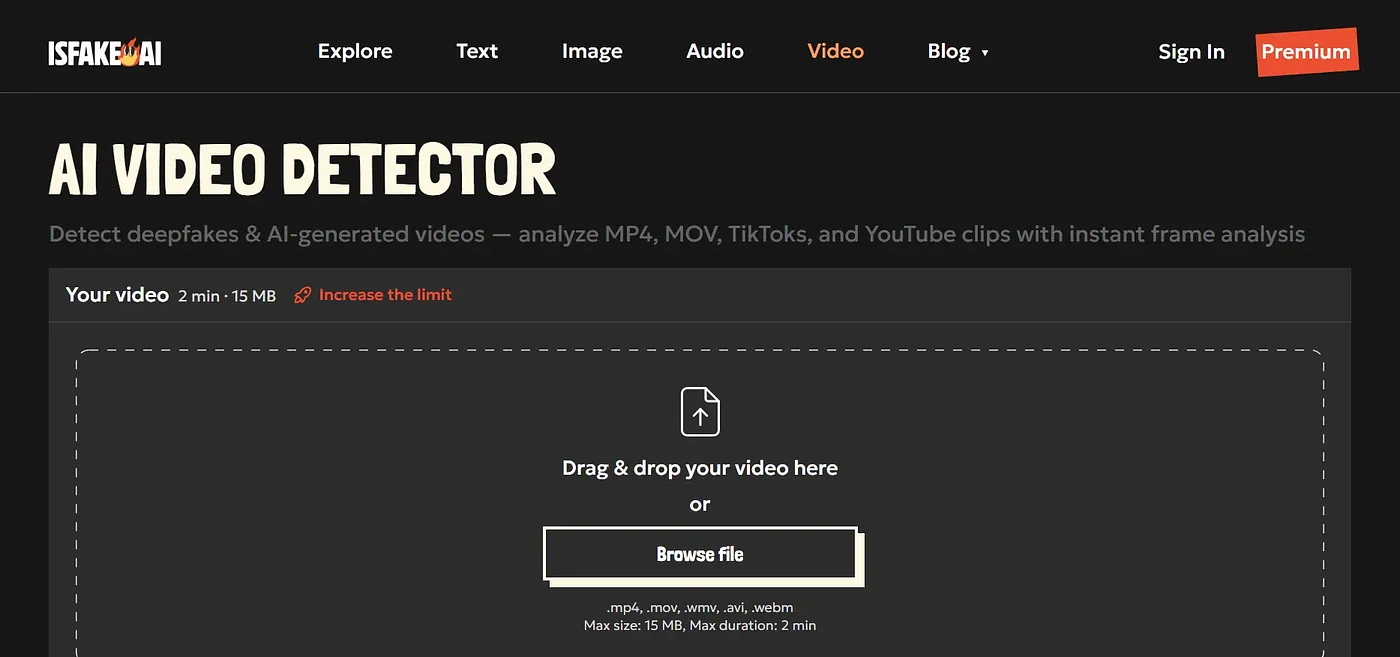 Screenshot of isFake.ai AI VIDEO DETECTOR