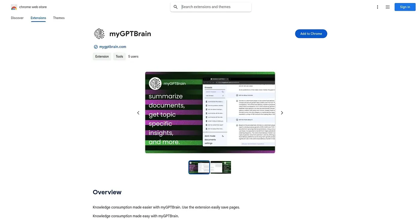 Screenshot of myGPTBrain Chrome Extension
