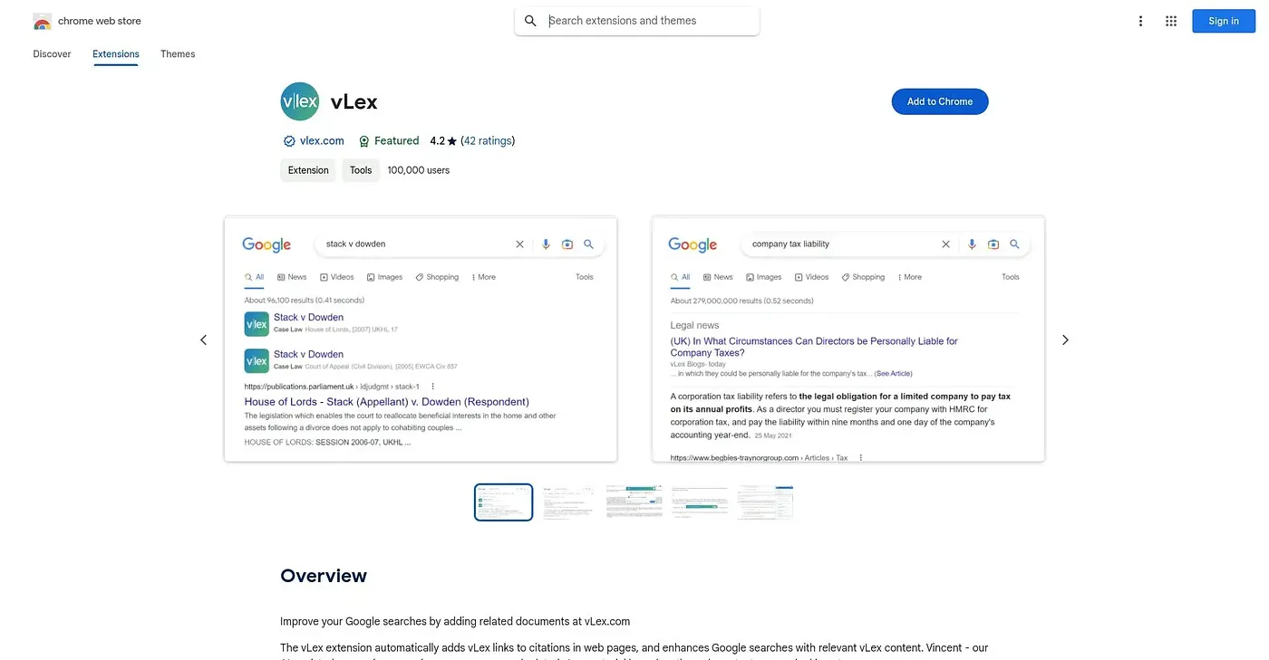 Screenshot of vLex Chrome Extension