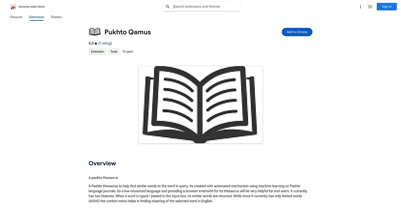 Screenshot of Pukhto Qamus Extension