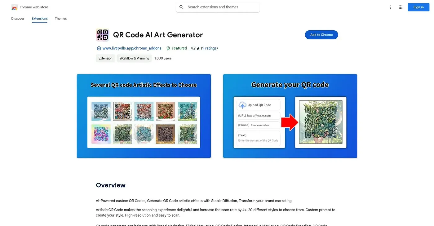Screenshot of QR Code AI Art Generator Chrome Extension