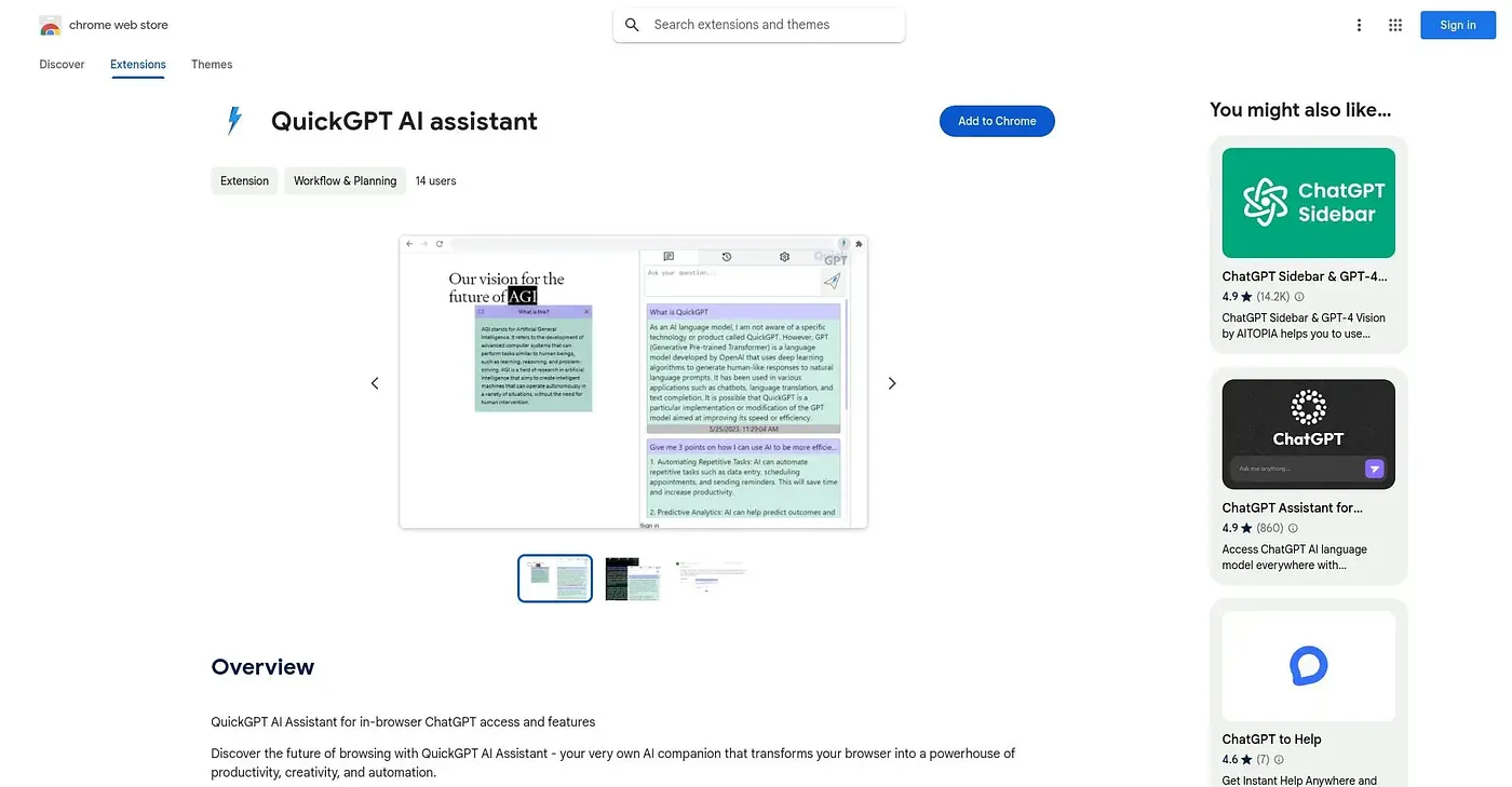 Screenshot of QuickGPT AI Assistant Chrome Extension