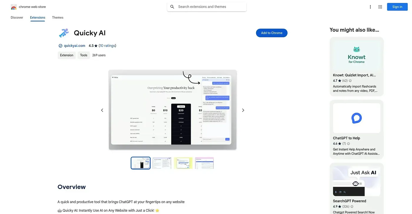 Screenshot of Quicky AI Chrome Extension