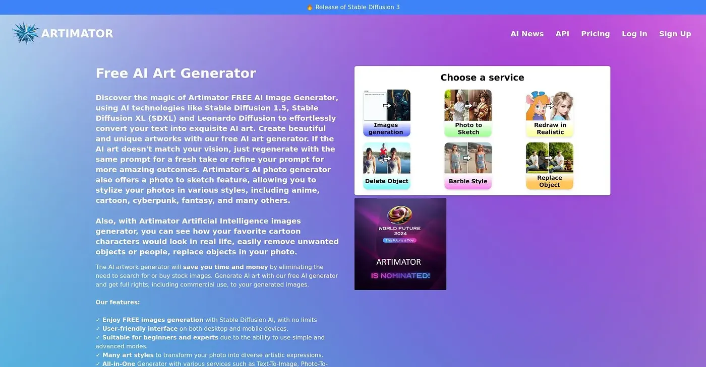Screenshot of Artimator AI